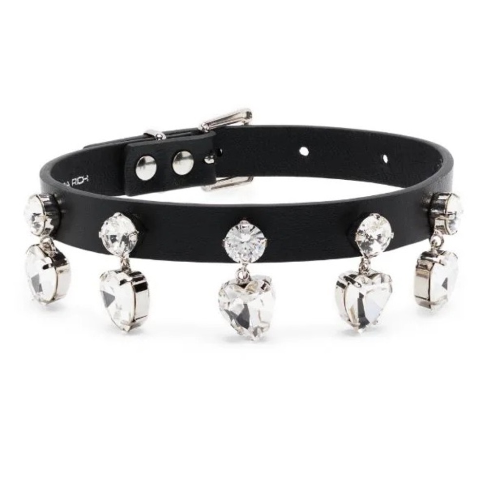 Alessandra Rich black leather crystal heart choker necklace